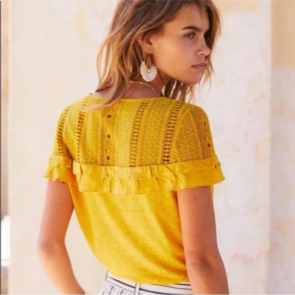 Sézane Lucette 100% Linen Blouse Saffron Yellow Lace Ruffle Top Size Small Shirt - Picture 3 of 16